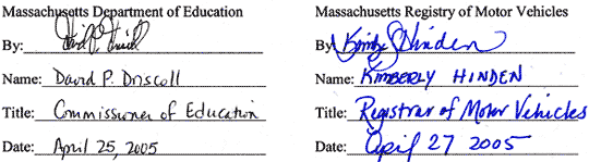 Signatures of Commissioner of Education David P. Driscoll and Registrar of Motor Vehicles Kimberly Hinden