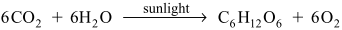 Six C O two plus six H two O in the presence of sunlight forms C six H twelve O six plus six O two