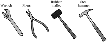 Shows four common tools: an adjustable wrench, needle-nose pliers, a rubber mallet, and a steel hammer.