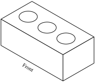 Shows a view of a rectangular block. The long side is labeled “front.”  Three holes pass vertically through the top of the block.