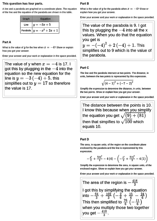 Answer for Score Point 1
This question has four parts. 
A line and a parabola are graphed on a coordinate plane. The equation of the line and the equation of the parabola are shown in this table.
This table has two columns labeled Graph and Equation. The first row is Line, y equals negative three x plus five; the second row is Parabola, y equals negative x squared plus two x plus one.

Part A
What is the value of y for the line when x equals negative four? Show or explain how you got your answer.
Enter your answer and your work or explanation in the space provided.
The value of y when x equals negative four is seventeen. I got this by plugging in the negative four into the equation so the new equation for the line is y equals negtive three open parenthesis negative four close parenthesis plus five. this simplifies out to y equals seventeen so therefore the value is seventeen.

Part B
What is the value of y for the parabola when x equals negative four? Show or explain how you got your answer.
Enter your answer and your work or explanation in the space provided.
The value of the parabola is nine. I got this by plugging the negative four into all the x values. When you do that the equation you get is 
y equals negative open parenthesis negative four close parenthesis squared plus two open parenthesis negative four close parenthesis plus one. This simplifies out to nine which is the value of the parabola.

Part C
The line and the parabola intersect at two points. The distance, in units, between the two points is represented by this expression.
the square root of open parenthesis four minus one closed parenthesis squared plus open parenthesis negative seven minus two close parenthesis squared
Simplify the expression to determine the distance, in units, between the two points. Show or explain how you got your answer.
Enter your answer and your work or explanation in the space provided.

The distance between the points is ten. I know this because when you simplify the equation you get the square root of open parenthesis nine close parenthesis plus open parenthesis eighty-one close parenthesis then that simplifies to the square root of one hundred which equals ten.

Part D
The area, in square units, of the region on the coordinate plane enclosed by the parabola and the line is represented by this expression.
negative four cubed over three plus five times four squared over two minus four times four minus open parenthesis negative one cubed over three plus five times one squared over two minus four times one close parenthesis
Simplify the expression to determine the area, in square units, of the enclosed region. Show or explain how you got your answer.
Enter your answer and your work or explanation in the space provided.

The area of the region is negative four hundred eighteen over three. 
I got this by simplifying the equation into negative sixty-four over three plus one hundred two over three open parenthesis negative two over six plus fifteen over six minus twenty-four over six close parenthesis. 
This then simplified to seventy-six over six open parenthesis negative eleven over six close parenthesis 
when you multiply those two together you get negative four hundred eighteen over three.